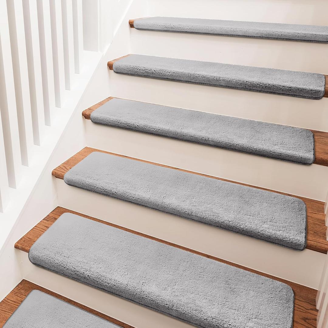 PURE ERA Bullnose Carpet Stair Treads Ultra Plush Grey 14 Pcs, 36 x 9.5 inch