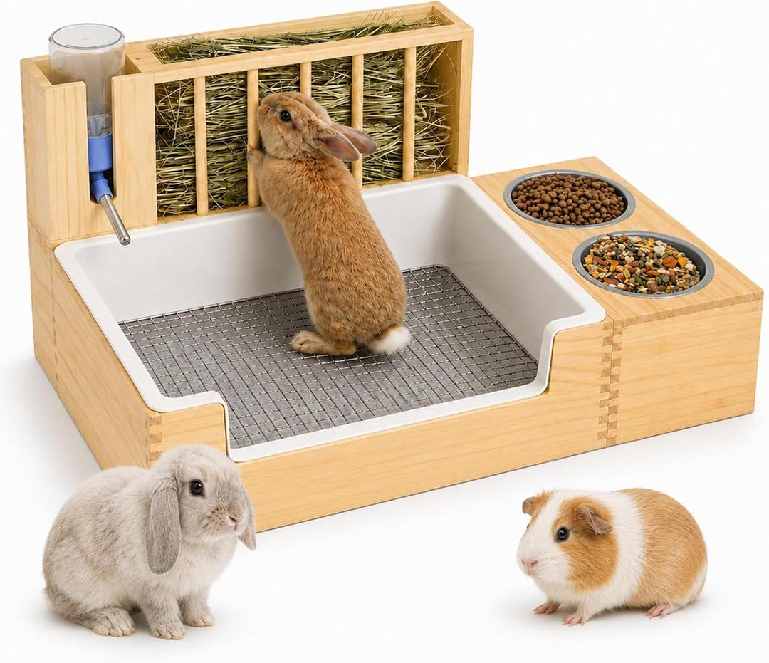 Rabbit Litter Box with Hay Feeder, Thick Wood, Waterproof Bunny Toilet