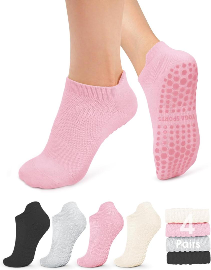 YeuG Pilates Socks for Women Non Slip Grip Socks for Yoga, Barre, Hospital, Barefoot Grippy Yoga Sock Womens Gifts 4 Pairs, S/M