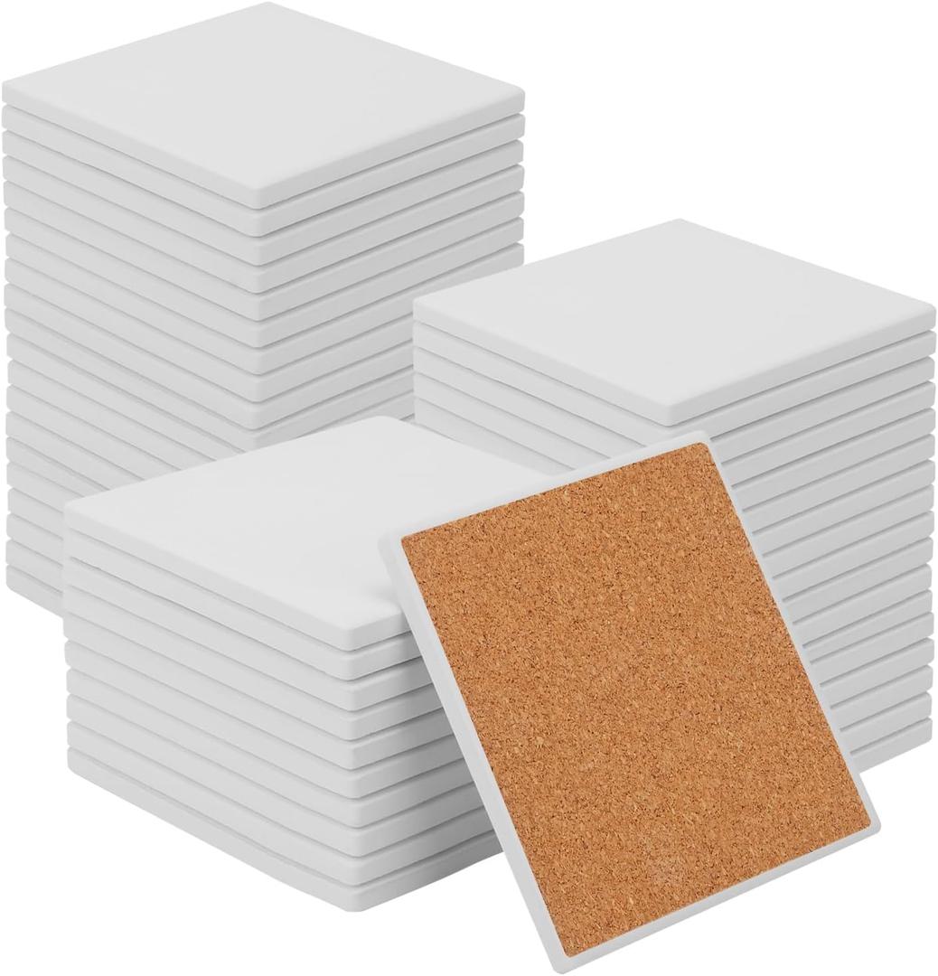 48 PCS Square Blank Ceramic Coasters - 4 x 4 Inch Unglazed Ceramic Coasters with Cork Backing Pads, Artistic Tile Coasters for DIY, Mosaics, & Crafts