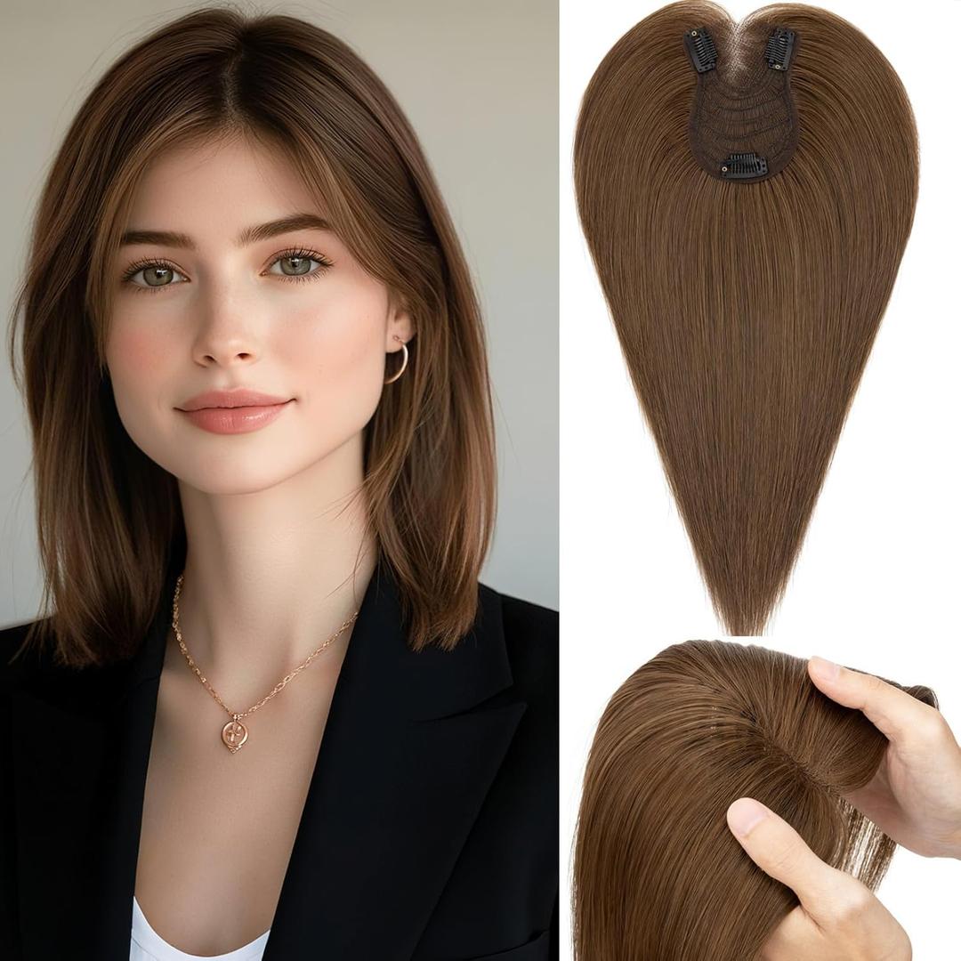 Rich Choices Hair Toppers for Women Real Human Hair Remy Hairs Toppers for Women with Thinning Hairs Crown Wispy Clip in Topper Hairpieces 14 Inch No Bang-#4 Medium Brown