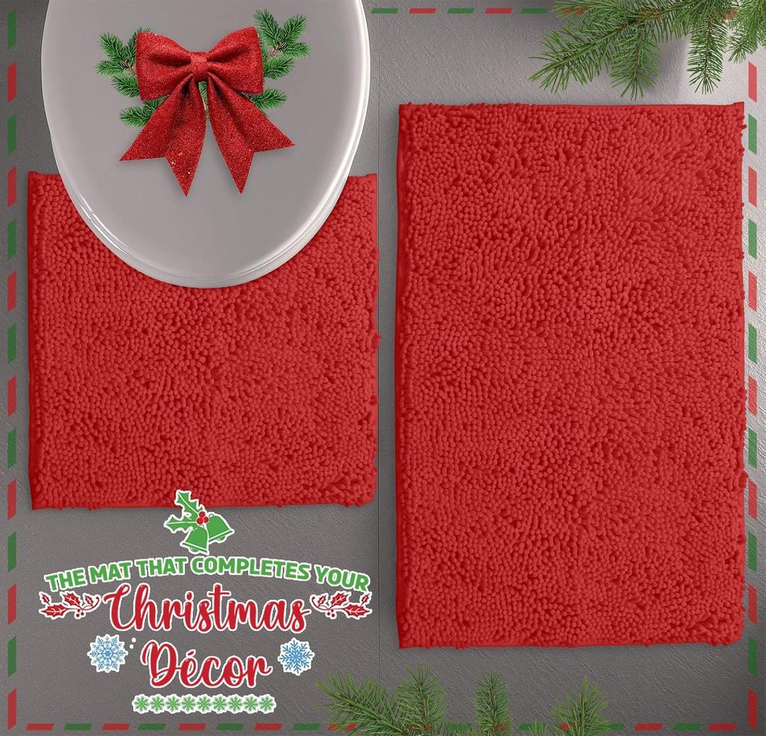 LuxUrux Red Christmas Bathroom Rugs Sets 2 Piece: Quick Dry, Soft Plush Anti-Slip, Super Absorbent. Includes Rectangular (31x20 inches) & U-Shaped Toilet Mat (20x20 inches) | Red