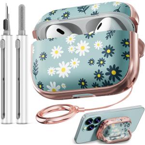 Inesore for Airpods Pro 2nd Generation Case Cover with Lock, Daisy Flowers Cute AirPod Pro 2 Case for Girls Women with Keychain for AirPods Pro Case (2023 USB-C /2022 Lightning / 2019) -Green (Green Flowers)