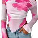 SHENHE Women's Floral Mesh Tops Flare Sleeve Open Off Shoulder Ruched Slim Fit Crop T-Shirts Hot Pink Large