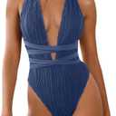 ZAFUL Women's One Piece Swimsuit Deep V Neck Ribbed Self Tie Sexy High Cut Bathing Suit Crisscross Back Swimwear