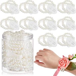 Hicarer 16 Pcs Corsage Wristlet Bracelet Wrist Corsage Prom Elastic Pearl Bands Wedding Corsages Pearl Bracelet Wedding Wristlets DIY Wrist Corsages Accessories for Bridal Shower Party(White), 2.36 Inch
