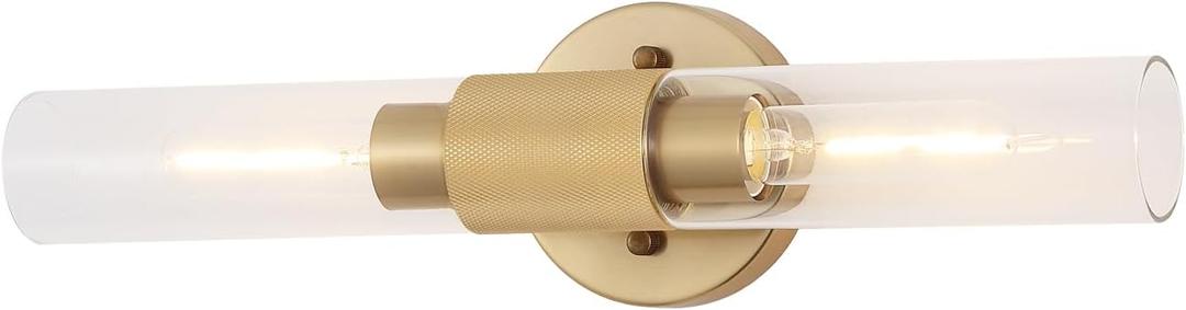 BYOLIIMA Gold Knurled Texture Wall Sconce Clear Glass Shade Modern Bathroom Vanity Light Fixtures 2-Lights Mid Century Wall Light for Mirror Living Room Hallway E26 T10 Bulbs(Excluded)