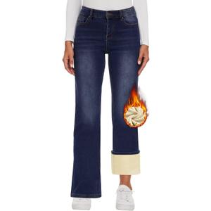 KDF Fleece Lined Jeans Women High Waisted Wide Leg Baggy Jeans for Women Winter Lined Jean Pants (12, Navy Blue_fleece)