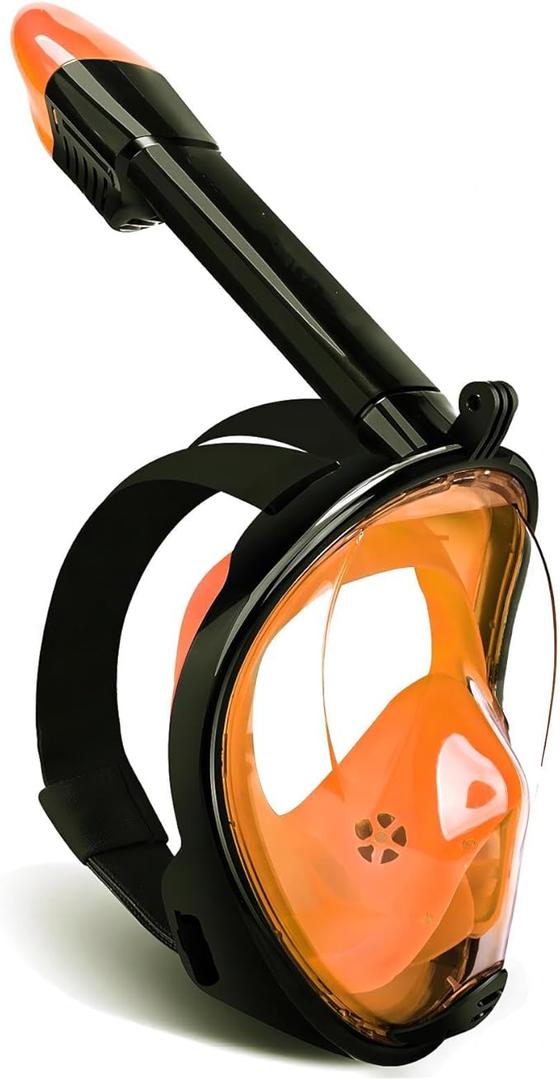 Full Face Snorkel Mask, Snorkeling Mask with Detachable Camera Mount, 180 Panoramic Anti-Fog Anti-Leak Diving Mask for Adult and Kids (Small/Medium, Black Orange)