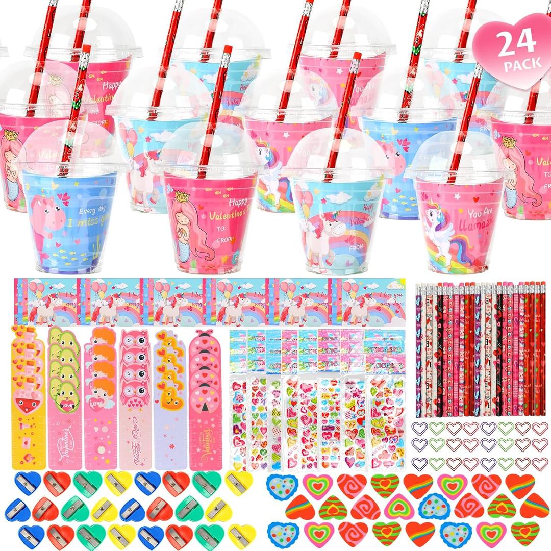Valentines Day Gifts for Kids Classroom - Valentine Party Favor Exchange for School - 24 Pack Valentines Class Stationery Gift with Cards Pencils Erasers Rulers Sharpener Stickers Cups and Heart Clips