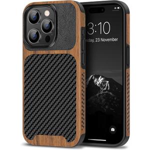 TENDLIN Compatible with iPhone 15 Pro Case Wood Grain with Carbon Fiber Texture Design Leather Hybrid Slim Case (Black)