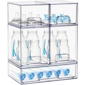 Baby Bottle Organizer, 5 Pack Stackable Storage Dust-proof Drawers, Clear Plastic Bottle Station Organizer for Countertop & Cabinet, Pacifier and Diaper Container for Nursery