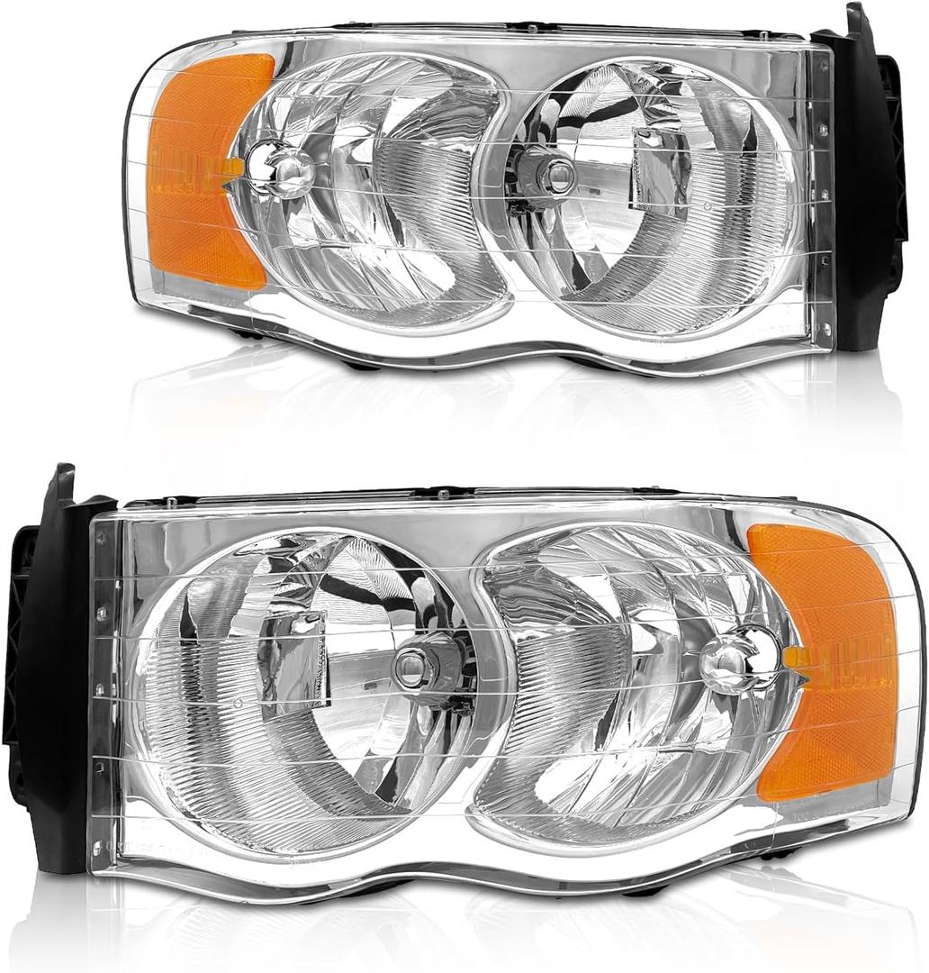AS Headlights Assembly Compatible with 2002 2003 2004 2005 Dodge Ram 1500/03 04 05 Dodge Ram 2500/3500 Chrome Housing Amber Reflector Driver and Passenger Side Pair