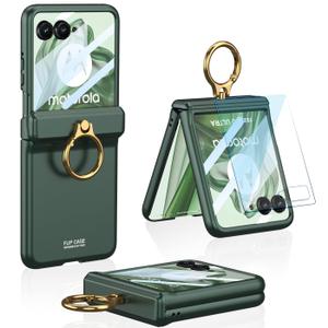for Motorola Razr 50 Ultra Case with Built-in Front Screen Protector and Ring Kickstand & Magnetic Hinge Protection, Hard PC Slim Shockproof Protective Cover for Motorola Razr+ 2024(Green)