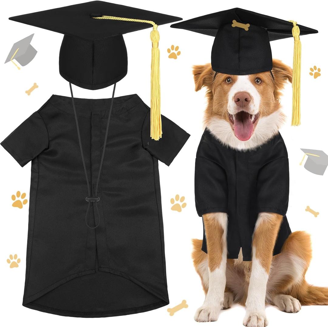 Xuniea 2 Pcs Dog Graduation Costume Set 2025 Dog Graduation Cap and Gown Puppy Hat with Tassel Matte Pet Grad Outfit Cats Grad Bear Holiday Party Costume Accessory (Black,Large)