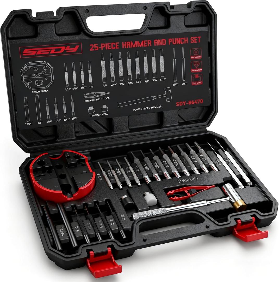 Premium Pin Punch Hammer Set: 25-Piece Punch Set and Hammer with Bench Block, Steel Roll Pin Punch Set, Pin Punches with Replaceable Face Hammer, Mechanical Repair Tool for Maintenance