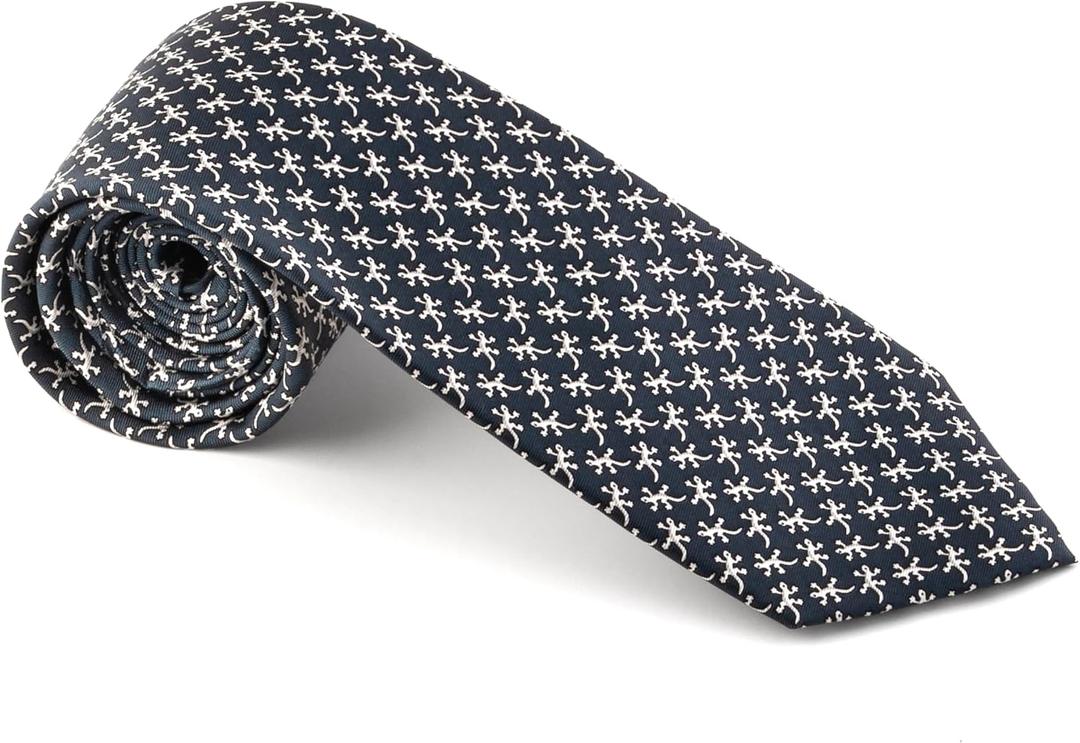 Men's 100% Silk Neckties Gecko Printed Tie (Charcoal Grey)