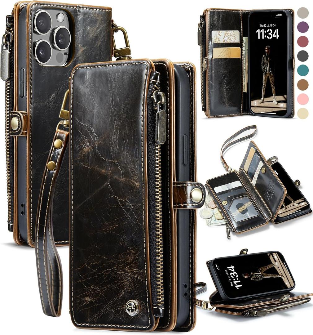 Defencase Compatible with iPhone 14 Pro Case Wallet with RFID Blocking Card Holder for Women Men, Soft PU Leather Magnetic Snap Flip Zipper Strap Wallet Phone Case Fit for iPhone 14 Pro 6.1", Coffee