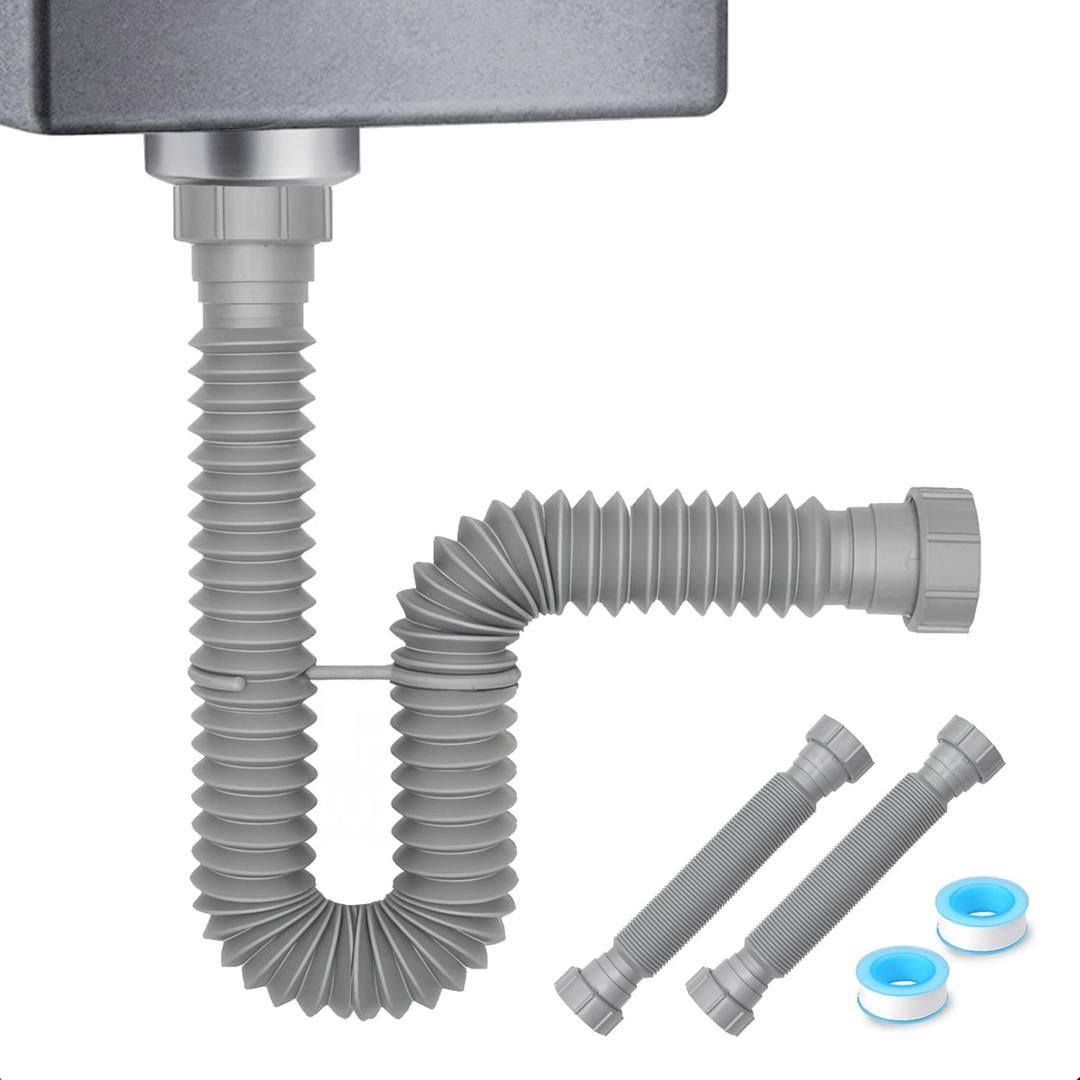 Flexible Sink Drain Pipe, 1-1/2 P-trap with Adapter, Expandable Tubular Drain Tubing, Adjustable P Trap for Kitchen Sink & Garbage Disposal (2 Pack)