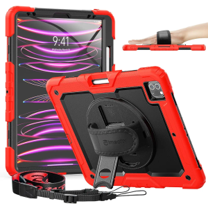 Timecity Protective Case for iPad Pro 12.9 inch 6th/ 5th/ 4th/ 3rd Generation, with Strong Protection, Screen Protector, Hand/Shoulder Strap, Rotating Stand, Pencil Holder - Red