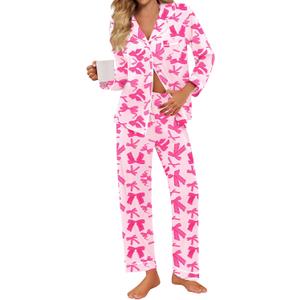 SWOMOG Pajamas for Women Sets 2 Piece Button Down Printed Pjs Long Sleeve Shirt and Pants Fall Sleepwear Cute Loungewear (Large, Hot Pink Bow)
