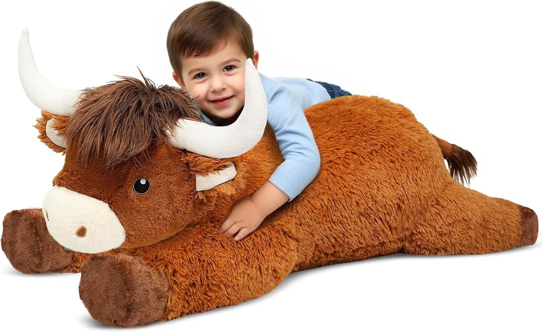 39 Inch Giant Highland Cow Stuffed Animal, Big Cattle Plushie Toy for Kids & Adults, Fluffy Large Size Stuffed Cow Hugging Pillow Gifts for Birthday Christmas (Brown)