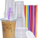 GUSTO [20 oz. - 100 Count Clear Cups with Flat Lids & Straws - Disposable Clear Drinking Cups for Iced Coffee, Cold Drinks, Milkshakes, and Smoothies - (Formerly Comfy Package)