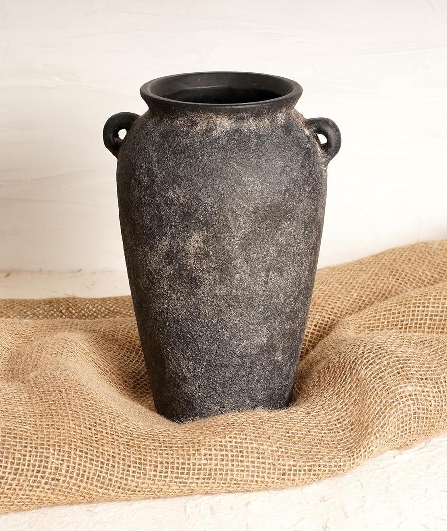 Terracotta Vase 10inch Tall, Farmhouse Distressed Ceramic Pottery, Unique Textured Stoneware Mantel Decoration, Black Boho Vintage Stone Vases for Flowers, Centerpieces, Living Room. (Greek)
