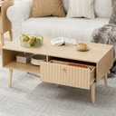 Coffee Table with Storage, Boho Dining Table with Fluted Drawer and Solid Wood Legs, Small Coffee Tables for Living Room, Oak