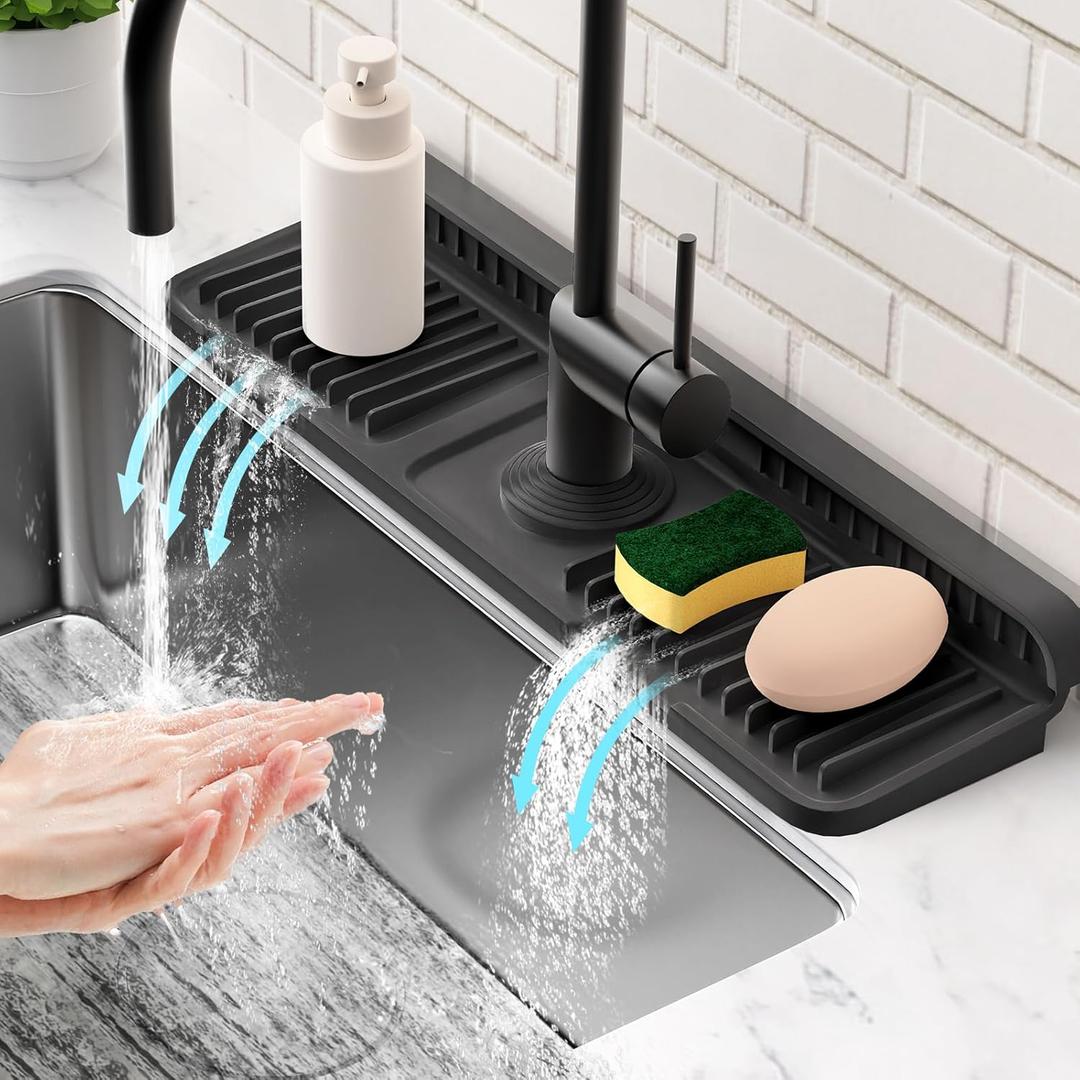 17.7'' Folding Faucet Mat for Kitchen Sink Splash Guard[7 Slope Fast Self-draining][Snap Lock Fit] Kitchen Sink Faucet Mat Splash Guard Kitchen Sink Area Water Splash Guard Behind Faucet Draining Mat (Black)
