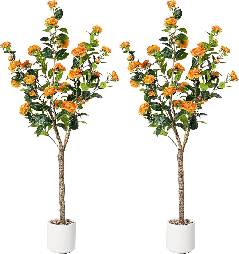 Artificial Camellia Tree 5ft, 2pack Indoor Fake Plant with Realistic Trunk, Leaves, Flowers and White Planter, Faux Potted Tree for Home Decor and Housewarming Gift (Orange)