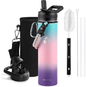 RAYMYLO Insulated Water Bottle 24oz, Triple Wall Vacuum Stainless Steel (Cold for 48 Hrs, Hot for 24Hrs), Leak Proof & Non-BPA, 24oz Hydro Water Flask with Paracord Handle & Straw Spout Lids (Green Pink Purple Gradient)