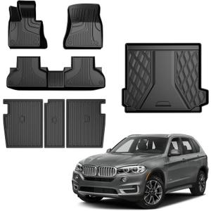 Floor Mats & Cargo Liner & Backrest Mat Compatible with BMW X5 2014-2018: All Weather Floor Mat X5 TPE Accessories Trunk Mat Back Seat Cover Protector Full Set