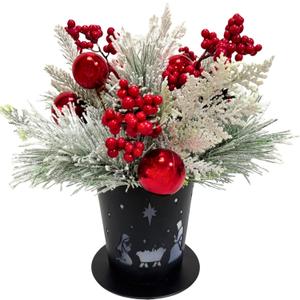 Lighted Christmas Centerpiece Metal Potted with Timer,Christmas Nativity Scene Black Metal Base with Snow Flocked Pine Needles Ornament Red Berries for Table Centerpiece Holiday Xmas Decor (White)