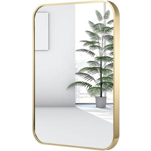 22x30 Inch Gold Bathroom Mirror, Brushed Light Gold Metal Framed Rectangular Mirror with Rounded Corner, Bathroom Vanity Mirror for Bedroom or Living Room, Horizontal/Vertical