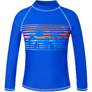 UNIFACO UPF 50+ Little Boys Long Sleeve Rash Guard Swim Shirt Premium Sun Shirt for 1-8 Years (6-7 Years, A-royal Blue With Sunset Palm)