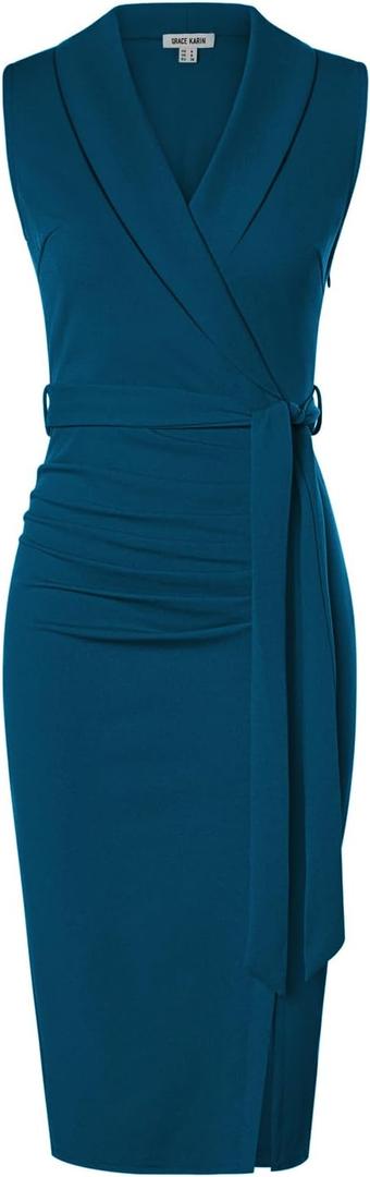 GRACE KARIN Women's Wear to Work Sleeveless Ruched Bodycon Office Pencil Midi Dresses with Belt, Size 10