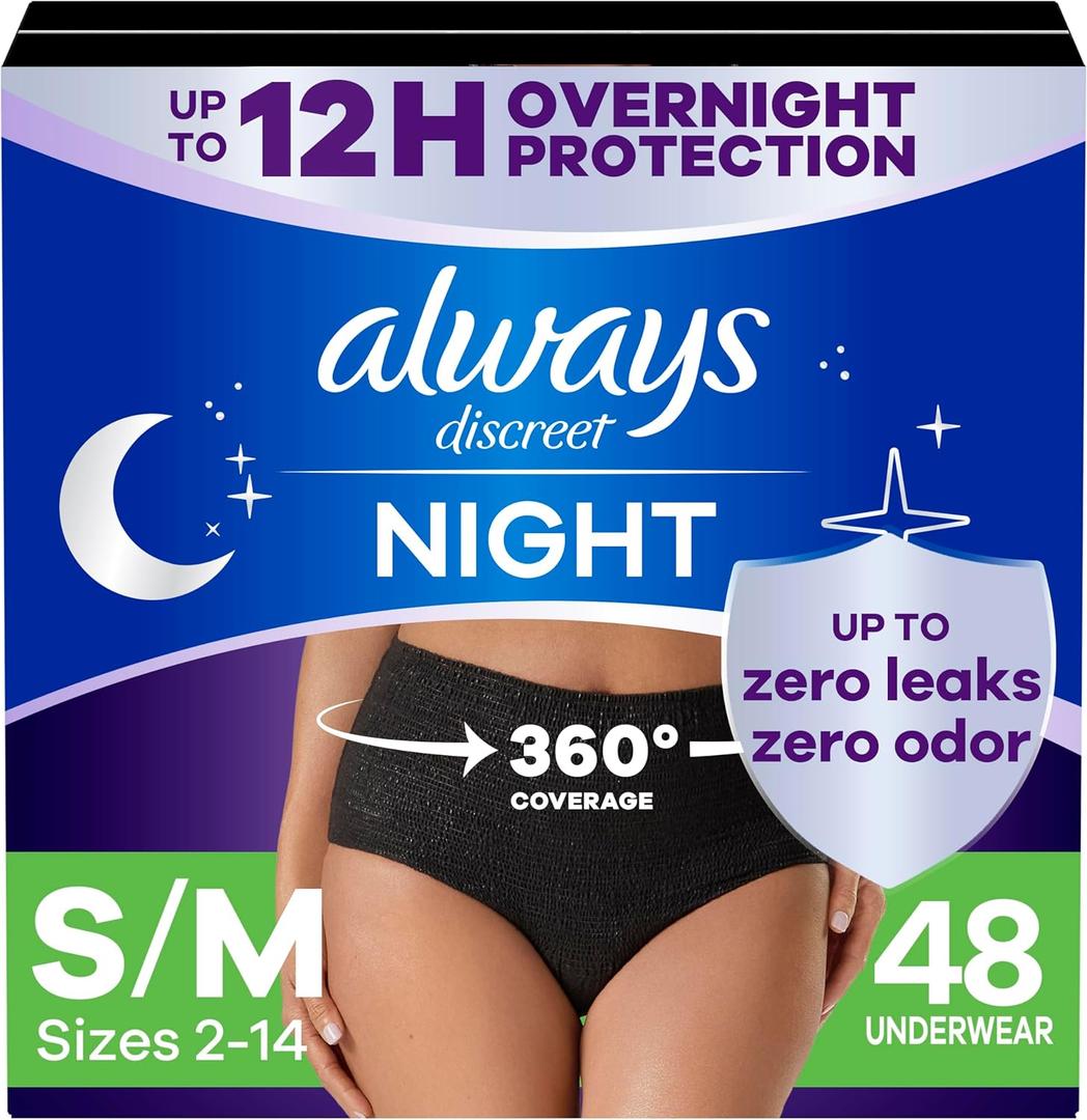 Always Discreet Adult Incontinence Overnight Underwear for Women, Small/Medium, Up to 100% Bladder Leak Protection, 48 Count (3 Packs of 16)