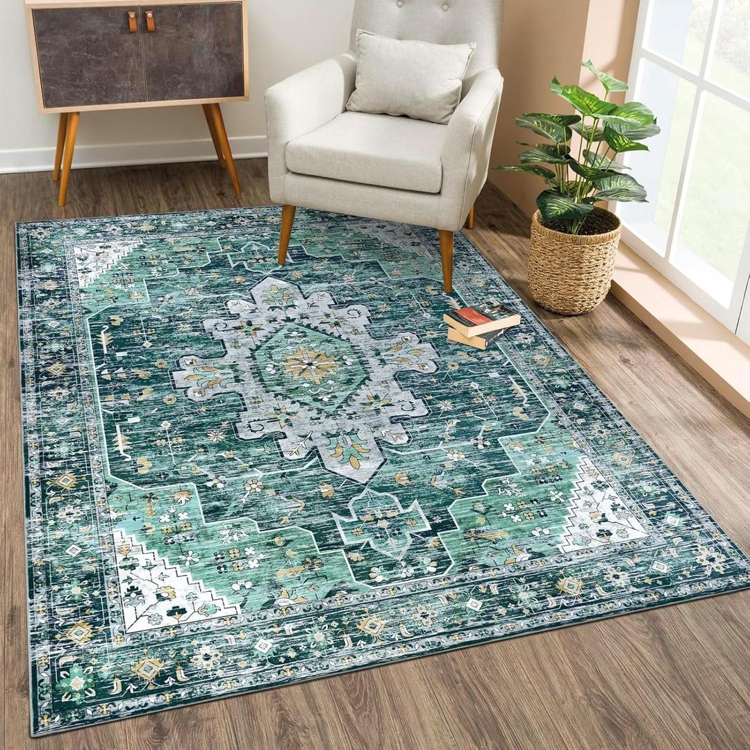 SHACOS 3x5 ft Vintage Area Rug Washable Non Slip Soft Low Pile Carpet for Entryway Living Room Bedroom Dorm Bedside Kitchen, Teal Blue 3'x5' (3' x 5' (Rectangular))