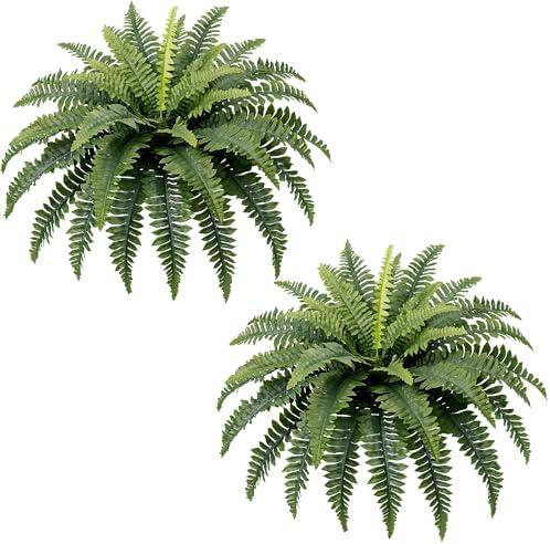Richeerca Fake Ferns, 35IN Large Fake Bush Plants, 2 Artificial Boston Ferns with 39 Fronds for Outdoor Hanging Planter Garden Porch Entrance Home Decor