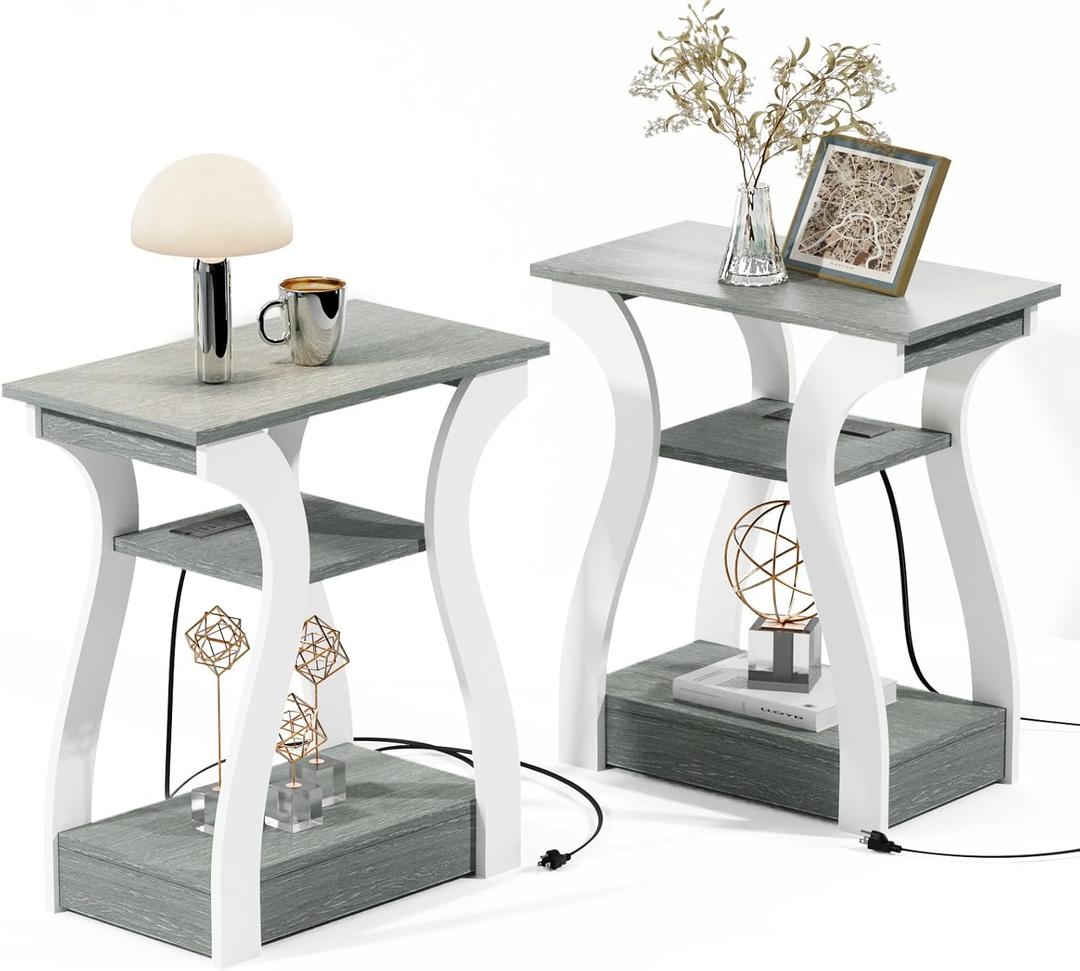 End Tables Living Room Set of 2, Grey End Table with Charging Station, Grey Side Table, Nightstand for Bedroom, 3 Tier End Table with Storage Shelf for Living Room