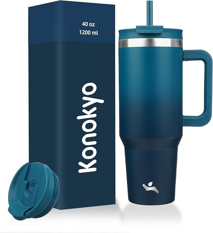 Konokyo 40 oz Tumbler with Handle and 2 Straws,2 in 1 Lid Insulated Water Bottle Stainless Steel Travel Coffee Mug,Indigo Black