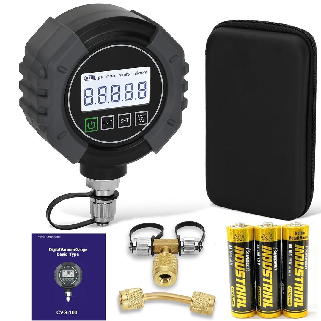 Pro Digital Vacuum Gauge, HVAC Pressure Tester with Alarm HVAC Micron Gauge 0-75,000 Microns, 7/16-20 UNF, 1/4 inch SAE, Temp Compensation, LCD Backlit Display