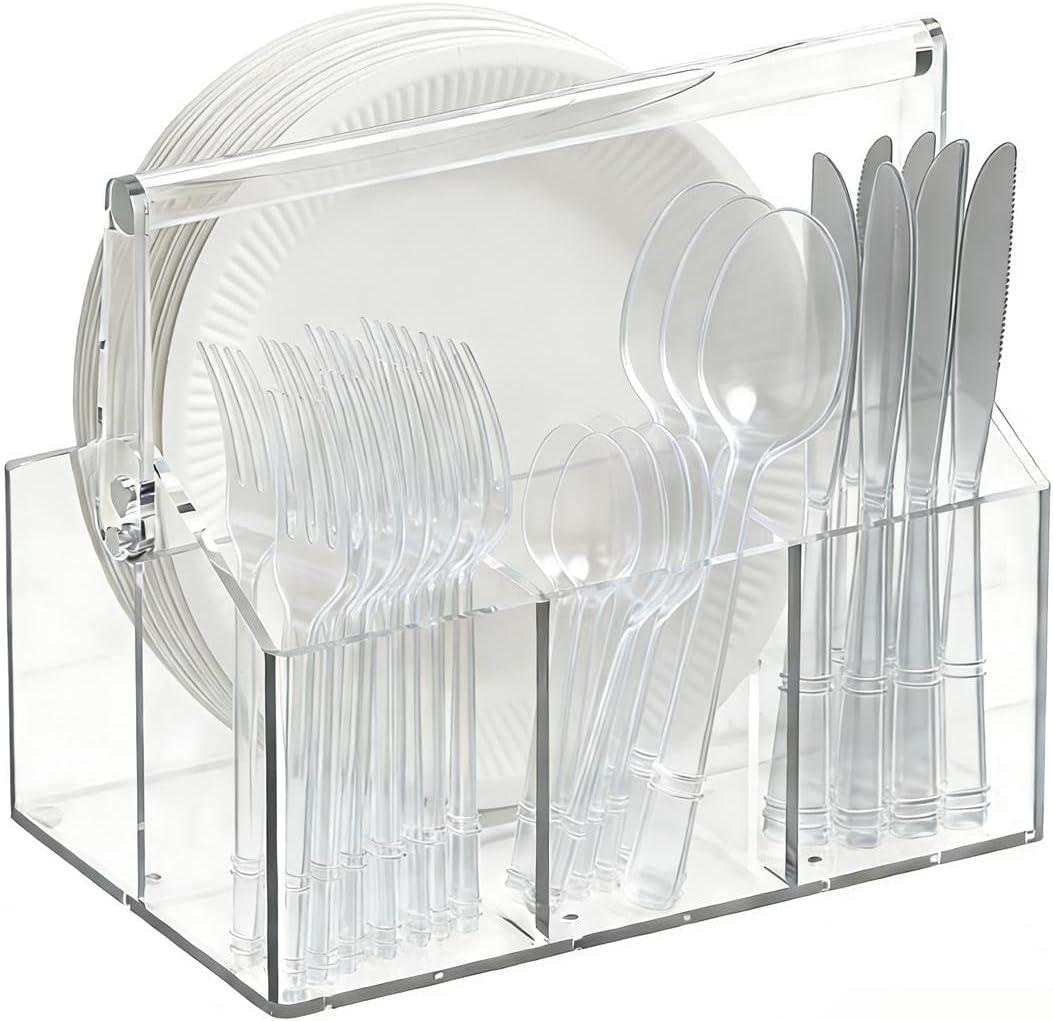Chivalral Acrylic Utensil Holder & Paper Plate Holders -Clear Space-Saving Cutlery Caddy and Silverware Organizer for Kitchen, Table, Buffet, Party, Picnic, Camping Indoor Outdoor Use