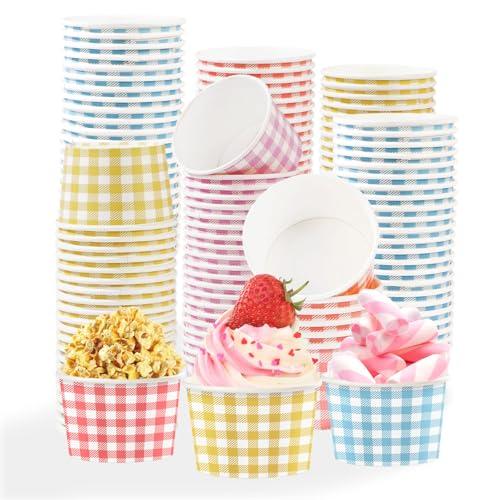 120 Pcs Gingham Ice Cream Cups 12 oz Disposable Dessert Snack Bowls Pastel Gingham Party Cup Bulk Blue Purple Yellow Red Snack Bowls for Holiday Birthday Picnic BBQ Wedding Tea Party Supplies