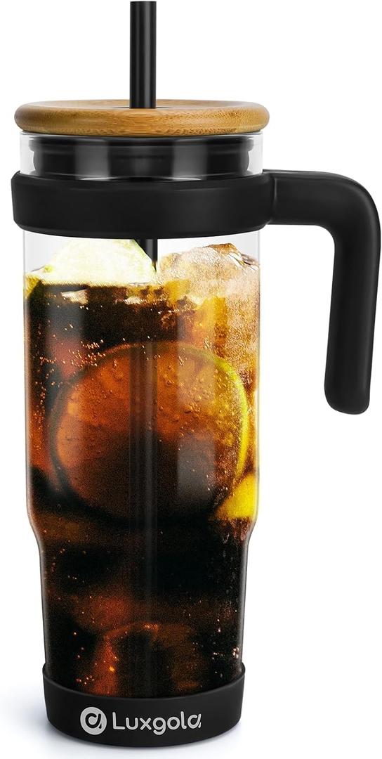 32 oz Glass Tumbler with Handle, Iced Coffee Cup with Bamboo Lid and Straws, Reusable Clear Glass Water Cup With Silicone Bumper - Fits in Car Cup Holder, Dishwasher Safe, BPA Free - Black