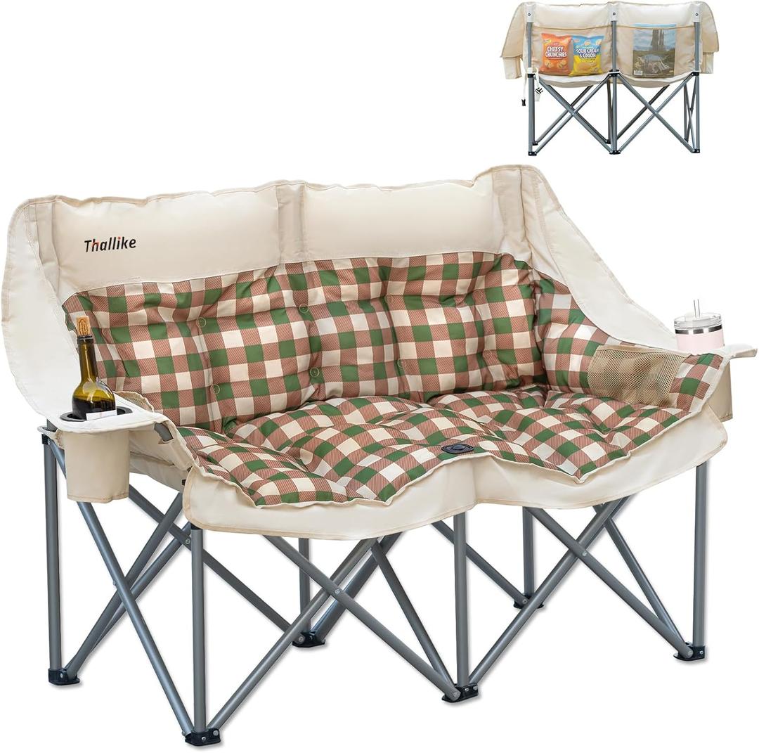 Double Camping Chair, Oversized 2 Person Camp Chairs with Cup Holders Side & Backrest Mesh Pockets Padded Loveseat Camping Chair Foldable for Outdoor Lawn Backyard Beach Support 800LB