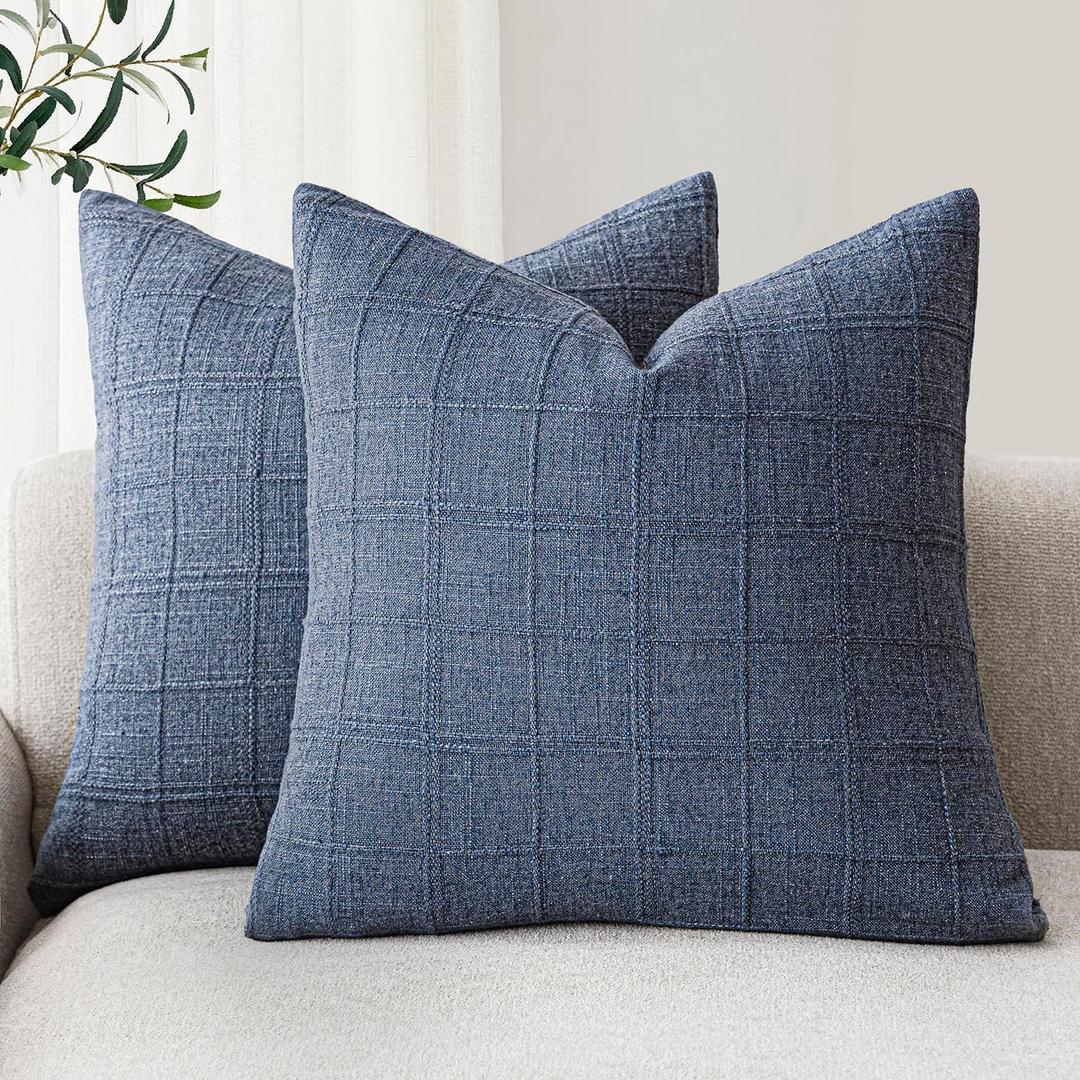 Foindtower Set of 2 Decorative Linen Check Throw Pillow Covers Neutral Farmhouse Vintage Cushion Covers Modern Coastal Boho Home Decor for Sofa Chair Couch Bedroom Living Room Outdoor,2020 Inch,Blue