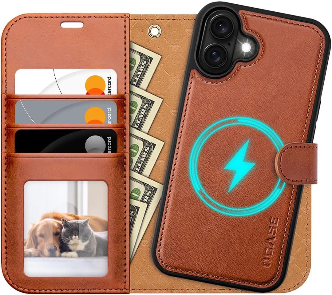 OCASE for iPhone 16 Case Detachable Wallet Case with Card Holder, 2 in 1 Pu Leather Flip Folio with RFID Blocking Stand Wrist Strap Shockproof Phone Cover 6.1 Inch 2024, Brown