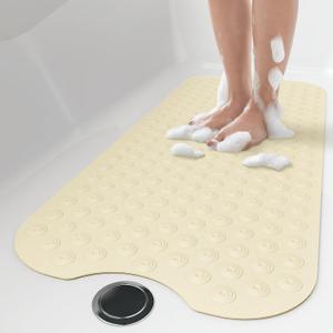 OTHWAY No Suction Cup Bath Mat: 39x16 inch Extra Long BathmatPerfect for Refinished or Ordinary Bath TubsMade of Nature Rubbera Blessing for The Elderly and Children (Beige)